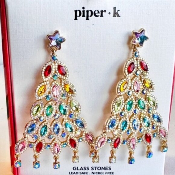 Piper K Gold Tone Christmas Tree Dangle Drop Earrings Glass Crystal Accents NIB - Picture 1 of 4